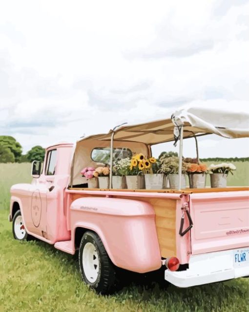 Pink Flower Vintage Truck Diamond Painting