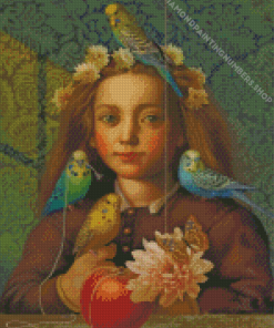 Girl And Budgies Diamond Painting