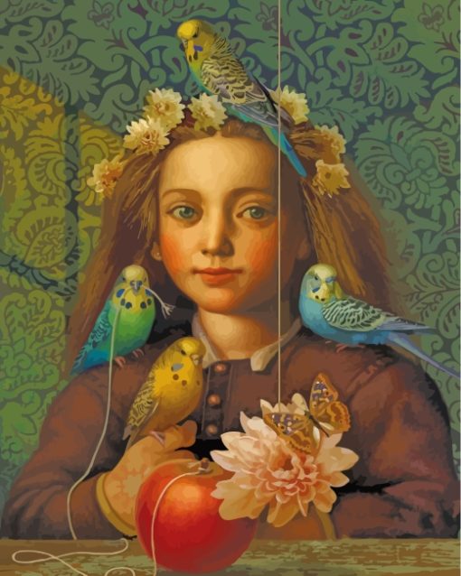 Girl And Budgies Diamond Painting