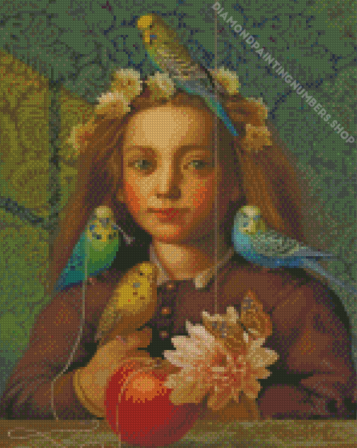 Girl And Budgies Diamond Painting