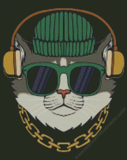 Cat With Headphones And Glasses Diamond Painting