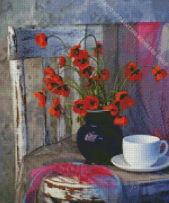 Poppies And Coffee Vintage Chair Diamond Painting