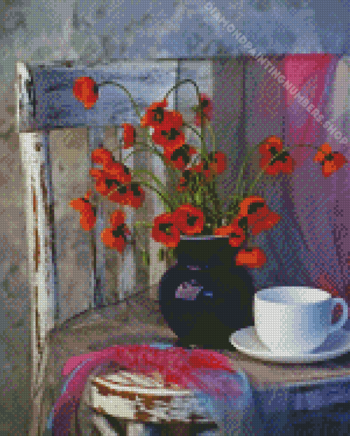 Poppies And Coffee Vintage Chair Diamond Painting