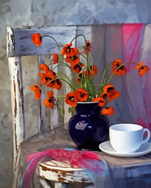 Poppies And Coffee Vintage Chair Diamond Painting