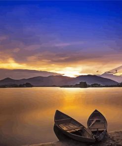 Two Boats With Mountains At Sunset Diamond Painting