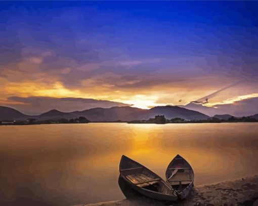 Two Boats With Mountains At Sunset Diamond Painting