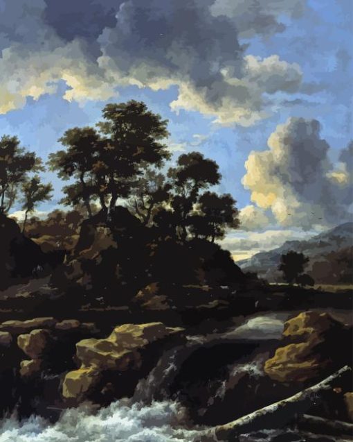 Waterfall At Sunset By Ruisdael Diamond Painting