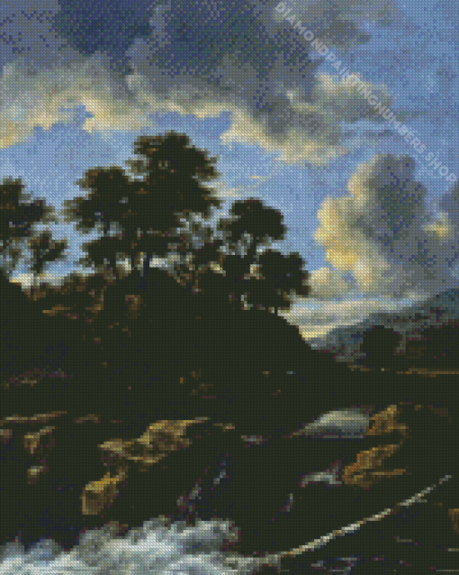 Waterfall At Sunset By Ruisdael Diamond Painting