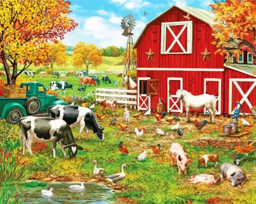 Autumn Farm With Animals Diamond Painting