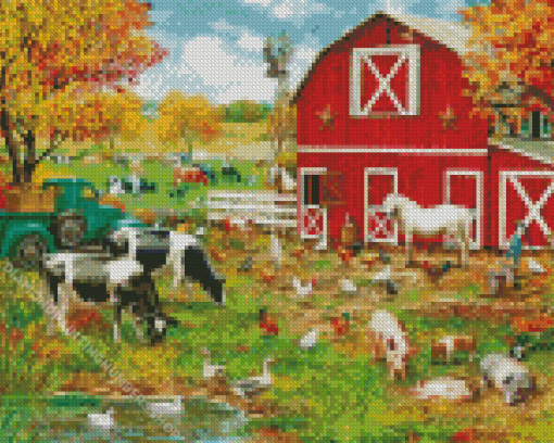 Autumn Farm With Animals Diamond Painting