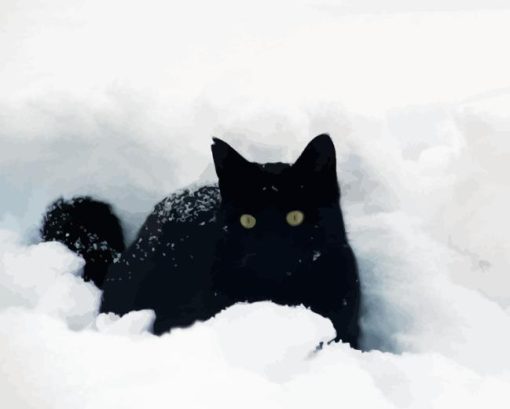 Black Cat Playing In Snow Diamond Painting