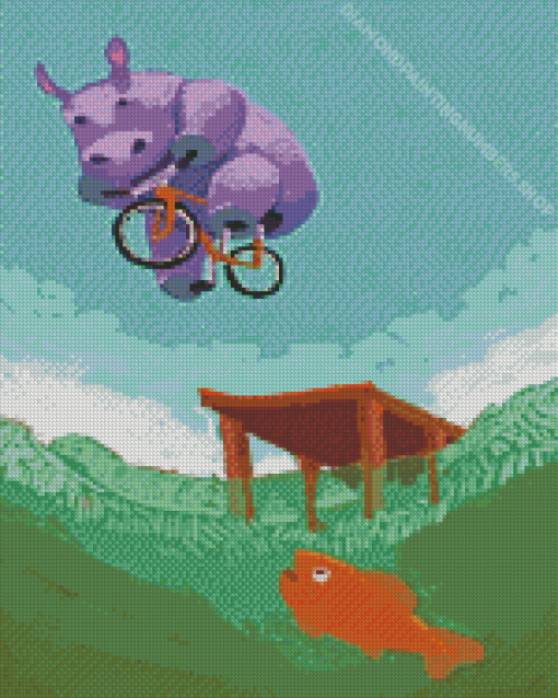 Purple Baby Hippo On Bike Diamond Painting