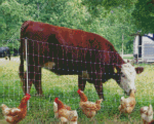 Cow And Chickens Diamond Painting