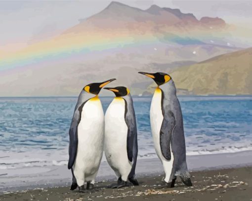 King Penguins With Rainbow Landscape Diamond Painting