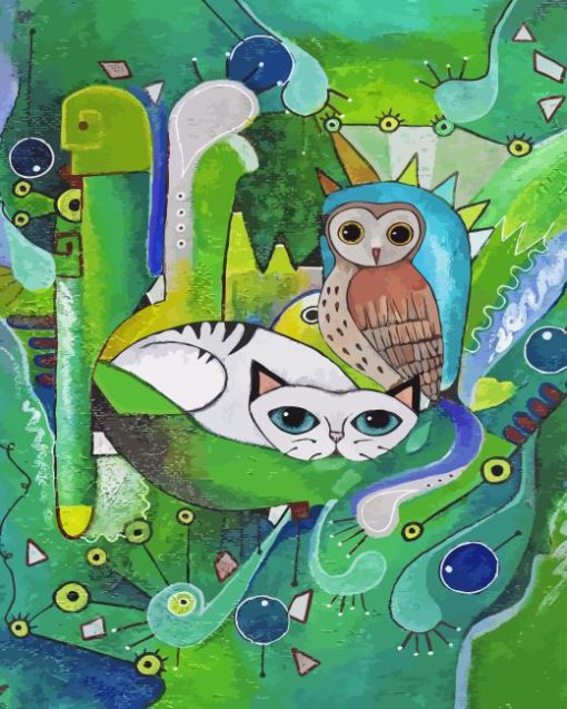 Owl And Pussycat Abstract Diamond Painting