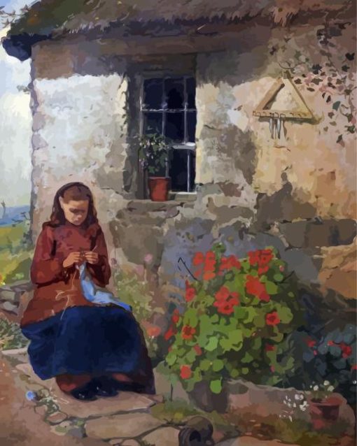 Peasant Girl Knitting Diamond Painting