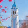 The Blue Church With Pink Tree Diamond Painting