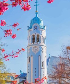 The Blue Church With Pink Tree Diamond Painting