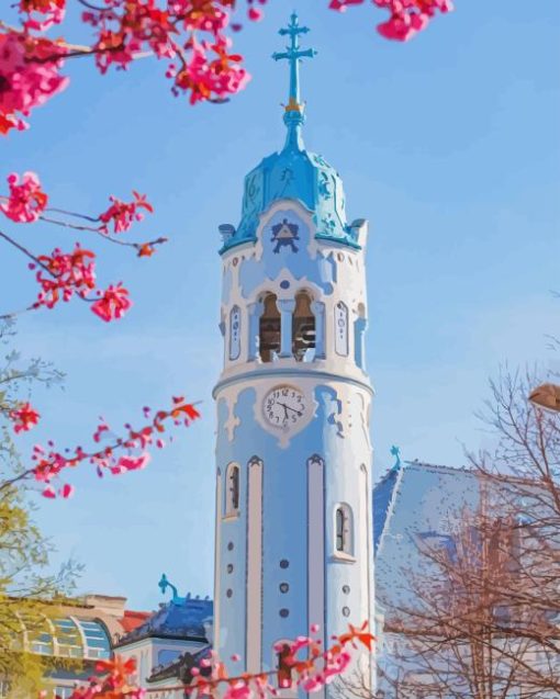 The Blue Church With Pink Tree Diamond Painting