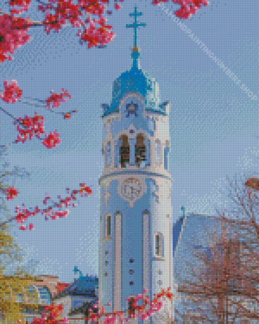 The Blue Church With Pink Tree Diamond Painting