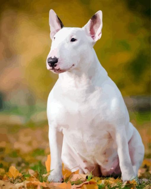 White Bull Terrier On Autumn Leaves Diamond Painting