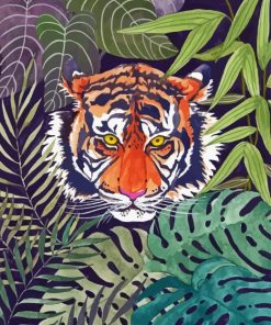 Wild Tiger Behind Large Leaves Diamond Painting