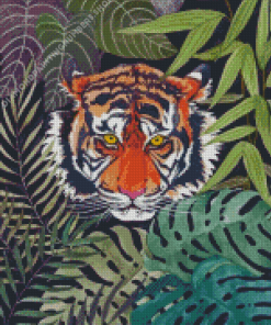 Wild Tiger Behind Large Leaves Diamond Painting