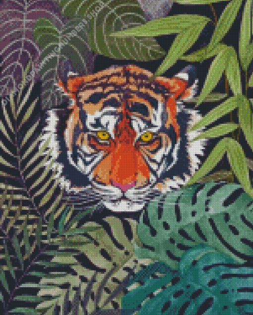 Wild Tiger Behind Large Leaves Diamond Painting