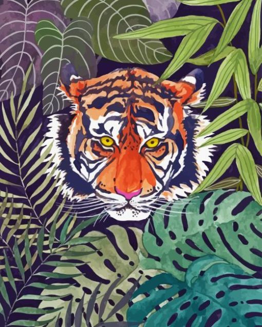 Wild Tiger Behind Large Leaves Diamond Painting