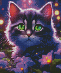 Cute Cat With Purple Flowers Diamond Painting