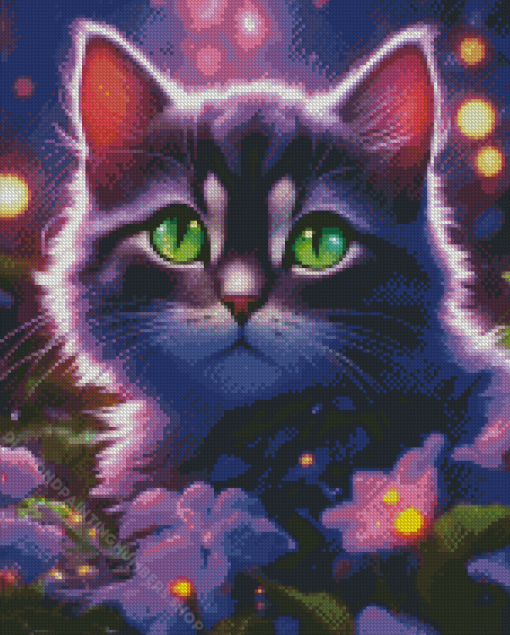 Cute Cat With Purple Flowers Diamond Painting