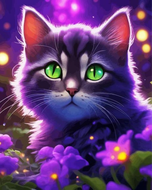 Cute Cat With Purple Flowers Diamond Painting