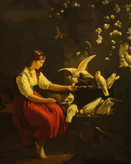 Girl And Pigeons Diamond Painting