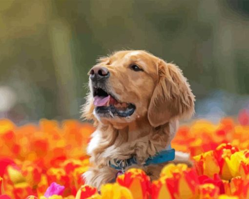 Brown Dog In Tulips Field Diamond Painting