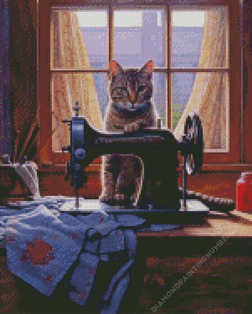 Sewing Machine With Cat Diamond Painting