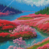 Pink Flower By River Diamond Painting