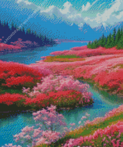 Pink Flower By River Diamond Painting