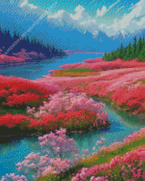 Pink Flower By River Diamond Painting