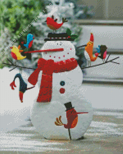 Black Hat Snowman With Bird Diamond Painting