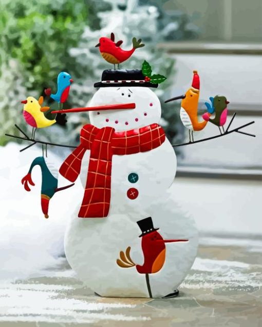 Black Hat Snowman With Bird Diamond Painting