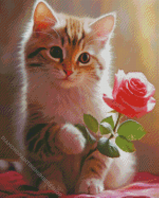 Pink Rose and Cat Diamond Painting