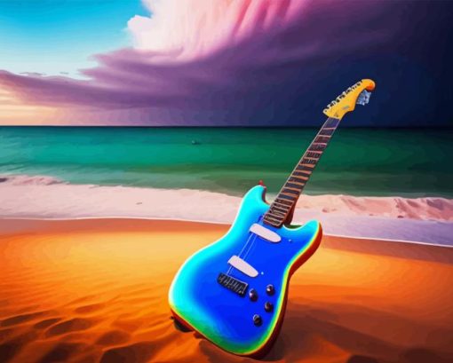 Blue Guitar Seaside Diamond Painting