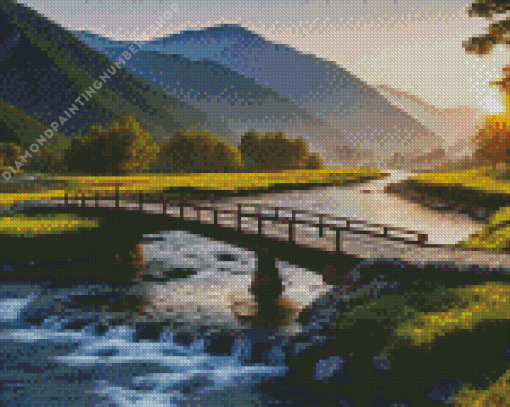 River Wooden Bridge Landscape Diamond Painting