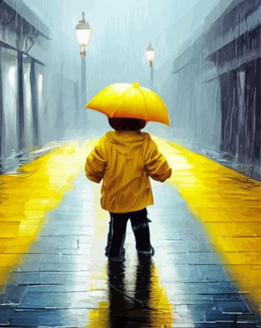 Child walking alone under rain Diamond Paintings