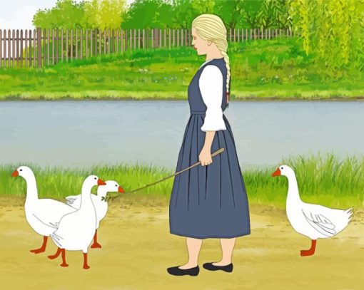 Girl with geese Cartoon Art Diamond Paintings