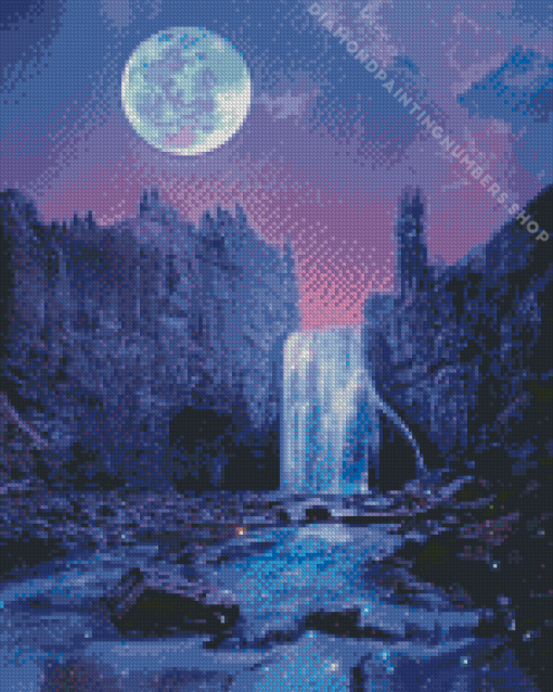 Purple Sky moonlight waterfall Diamond Paintings