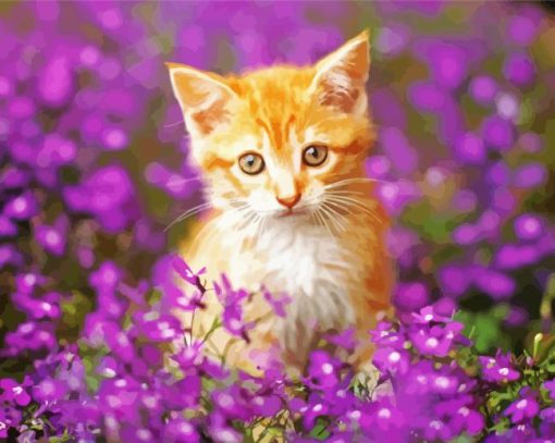 cute Purple flowers cat Diamond Paintings