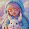 cute girl and fluffy white bunny Diamond Paintings