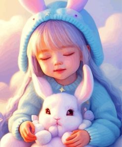 cute girl and fluffy white bunny Diamond Paintings