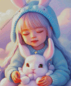 cute girl and fluffy white bunny Diamond Paintings